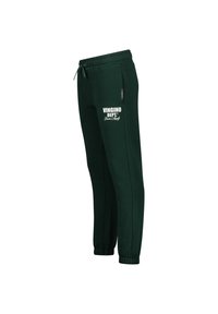 Grüne Fleece-Sweatpants mit elastischem Bund, Kordelzug, seitlichen Taschen und weißem Aufdruck auf dem linken Bein. Bündchen an den Knöcheln.