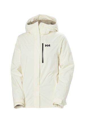 Witte geïsoleerde jas met een ritszak op de linkerborst, verstelbare capuchon en logo op de voorkant. Glad, duurzaam materiaal.