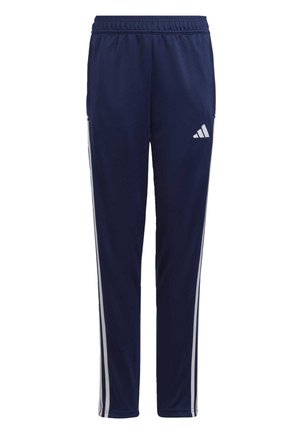 Pantalons de sport navy avec une taille à cordon, poches latérales et rayures blanches sur les côtés. Présente un petit logo blanc sur la cuisse gauche.