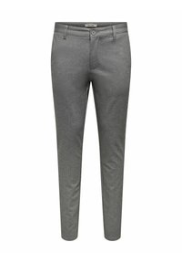 Hallitriibul kangast valmistatud hallid püksid, sirge lõikega, ees taskud, nööpidega sulgumine ja vööaasad.