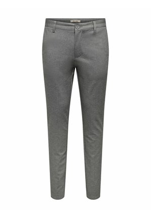 Sive hlače iz teksturirane tkanine, z ravnim krojem, sprednjimi žepi, zapiranjem na gumb in zankami za pas.