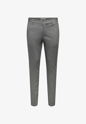Sive hlače iz teksturirane tkanine, z ravnim krojem, sprednjimi žepi, zapiranjem na gumb in zankami za pas.