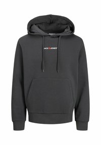Grey hoodie made of soft fabric, featuring a front pocket, drawstring hood, and "JACK & JONES" logo in white and red.
