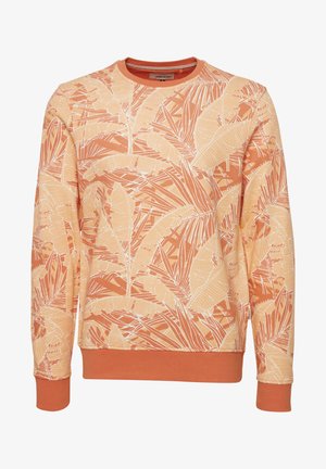 Cotton sweatshirt in orange and cream with a leaf-pattern design. Features a crew neck and ribbed cuffs and hem.