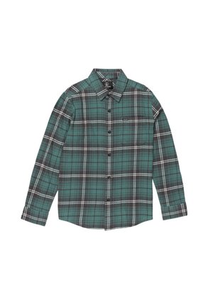 Chemise en tartan vert en tissu, dotée d'un design à boutons, de manches longues, d'un col et d'une petite poche poitrine avec un logo.