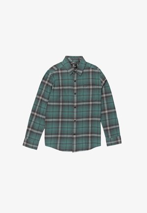 Green plaid shirt made of fabric, featuring a button-up design, long sleeves, a collar, and a small chest pocket with a logo.