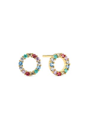 Boucles d'oreilles clous circulaires en or avec des petites pierres précieuses alternant bleu, rose, vert, violet et transparent.