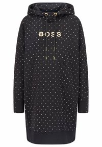 Mikina s kapucí v černé barvě, s zlatým tečkovaným vzorem a logem "BOSS". Vyrobena z měkké tkaniny, se stahovacími šnúrkami a vroubkovanými manžetami.