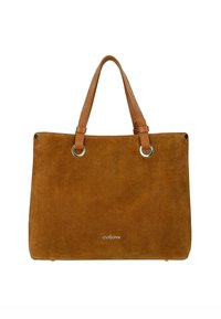 Brązowa zamszowa torba tote z dwoma teksturowanymi brązowymi uchwytami, okrągłymi metalowymi dodatkami i subtelnym logo marki na dole.