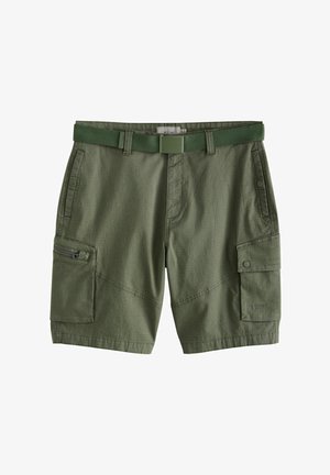 Groene cargoshorts met een gestructureerde stof, meerdere zakken en een bijpassende groene riem met een rechthoekige gesp.