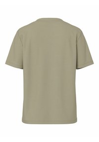 Khaki t-shirt med korta ärmar, rund halsringning, slät textur, enfärgad utan mönster eller detaljer, lämplig för vardagsbruk.