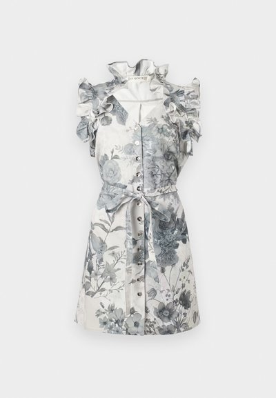 Λευκό αμάνικο λουλουδάτο φόρεμα με βολάν στους ώμους, κουμπιά μπροστά, ζώνη δετή στη μέση και μονόχρωμο βοτανικό σχέδιο.
