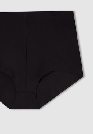 Mutande alte nere realizzate in tessuto morbido, caratterizzate da bordi senza cuciture, una texture liscia e un design a taglio classico. Nessun motivo visibile o accessori metallici.