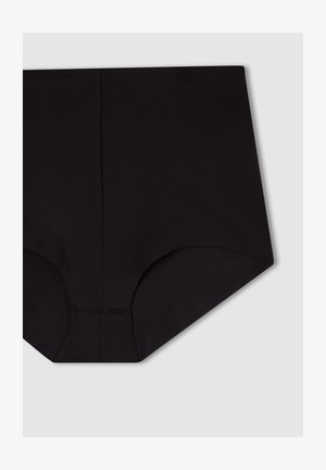 Mutande alte nere realizzate in tessuto morbido, caratterizzate da bordi senza cuciture, una texture liscia e un design a taglio classico. Nessun motivo visibile o accessori metallici.