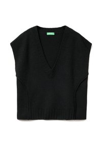 Schwarzer, gestrickter ärmelloser Pullover mit V-Ausschnitt, geripptem Saum und detaillierter Stickerei an den Schultern. Weicher Stoff und lockere Passform.