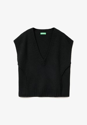 Jersey negro de punto sin mangas con escote en V, dobladillo acanalado y costuras detalladas en los hombros. Textura suave y corte relajado.