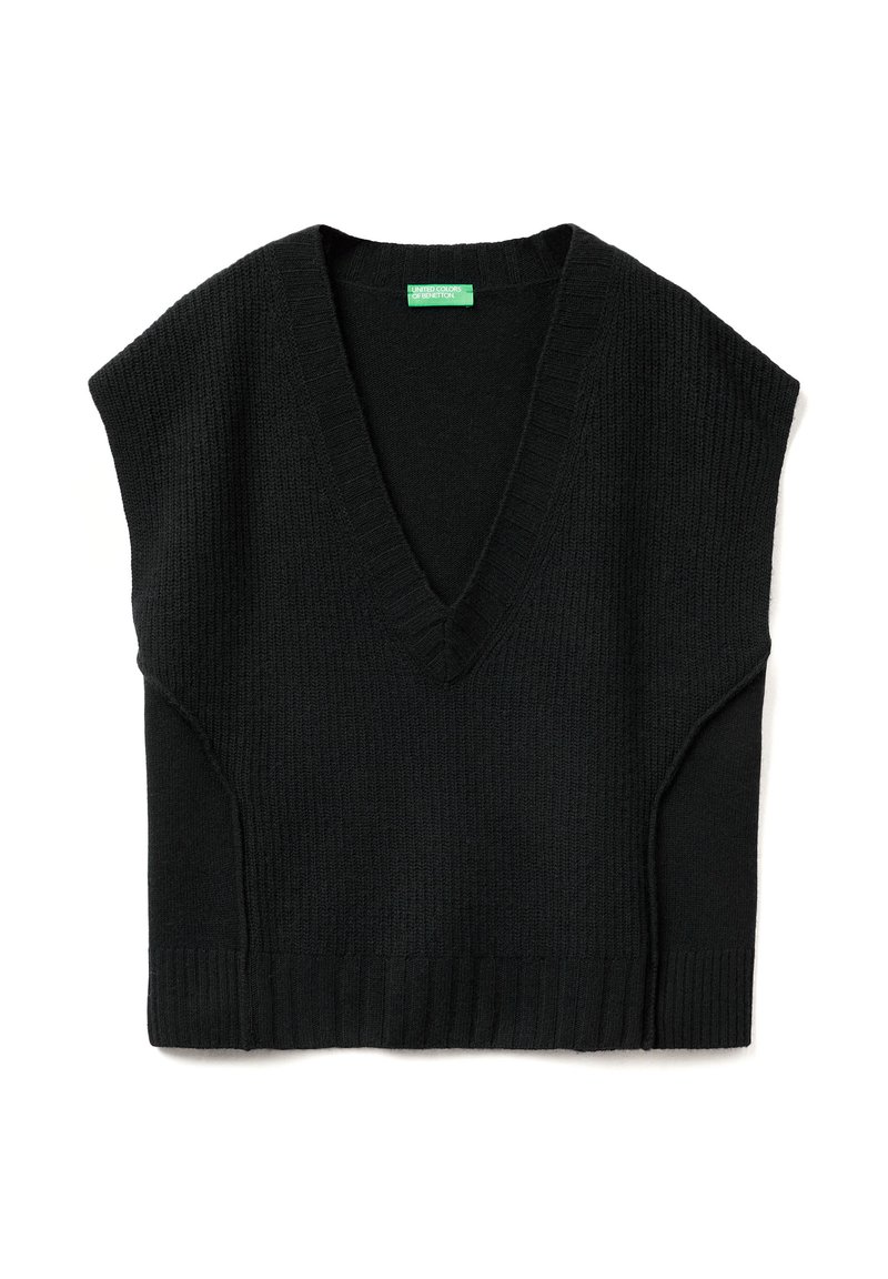 Schwarzer, gestrickter ärmelloser Pullover mit V-Ausschnitt, geripptem Saum und detaillierter Stickerei an den Schultern. Weicher Stoff und lockere Passform.