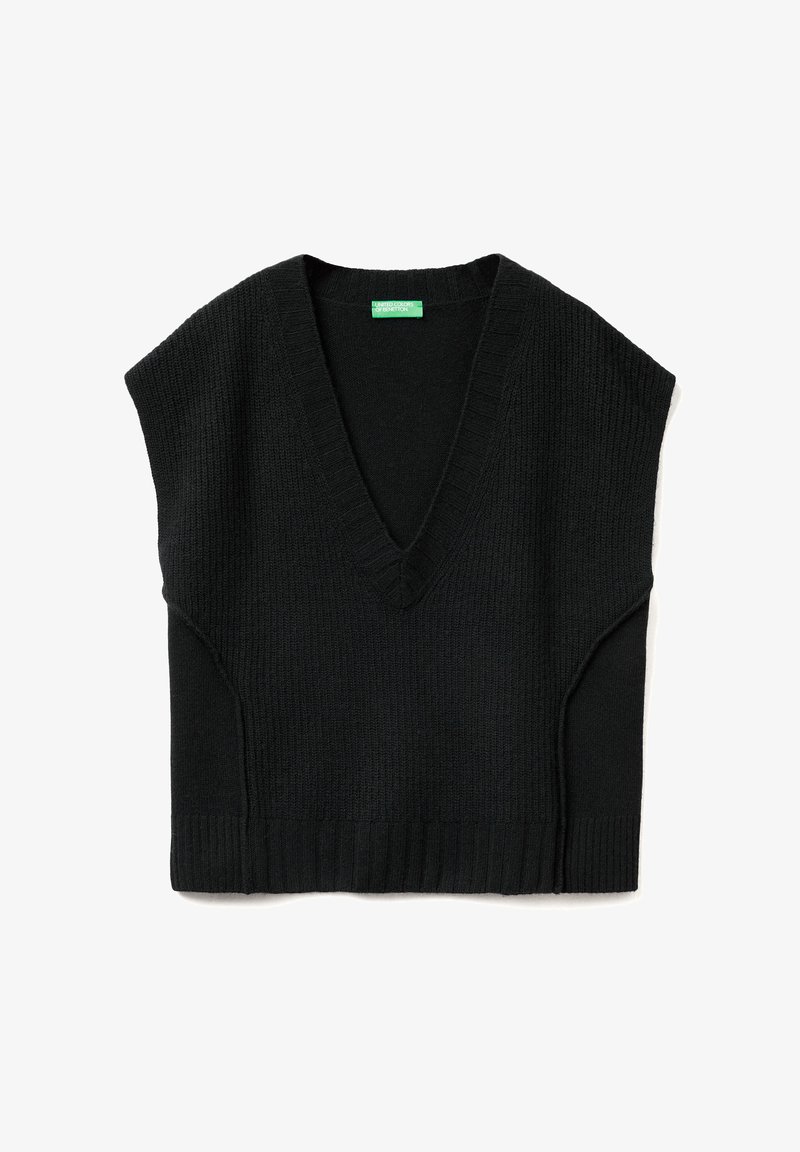 Schwarzer, gestrickter ärmelloser Pullover mit V-Ausschnitt, geripptem Saum und detaillierter Stickerei an den Schultern. Weicher Stoff und lockere Passform.