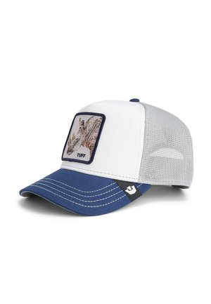 Gorra con una parte delantera blanca, visera azul y parte trasera de malla gris. Presenta un parche cuadrado que representa un rinoceronte, etiquetado "TUFF". Incluye acentos de costura.
