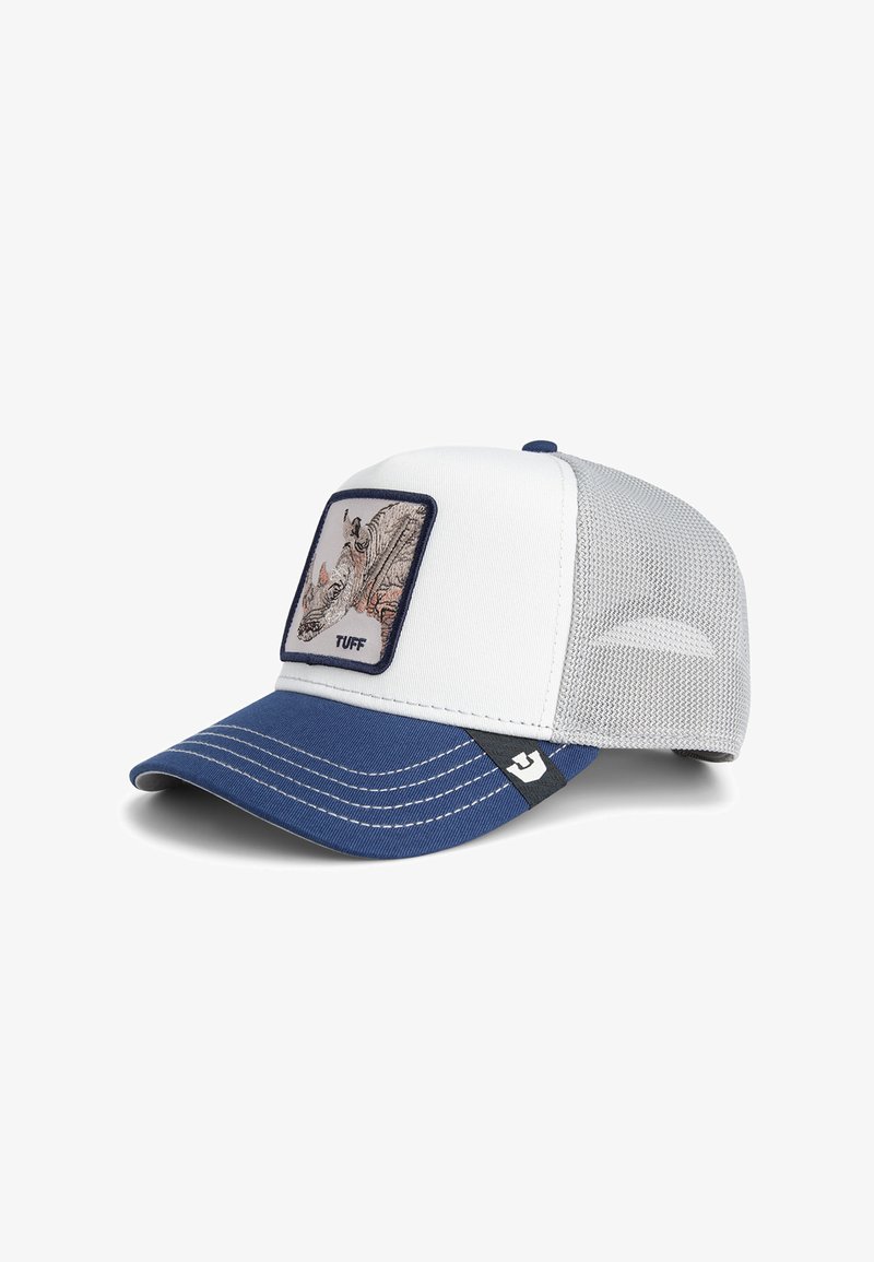 Cap with a white front, blue bill, and gray mesh back. Features a square patch depicting a rhinoceros, labeled "TUFF." Stitched accents included.