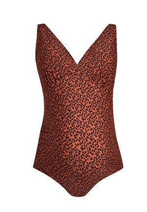 Jednodielne tehotenské plavky s farbou hrdzavo oranžovou a čiernym leopardím vzorom, s výstrihom do V a podporným dizajnom vrchnej časti.
