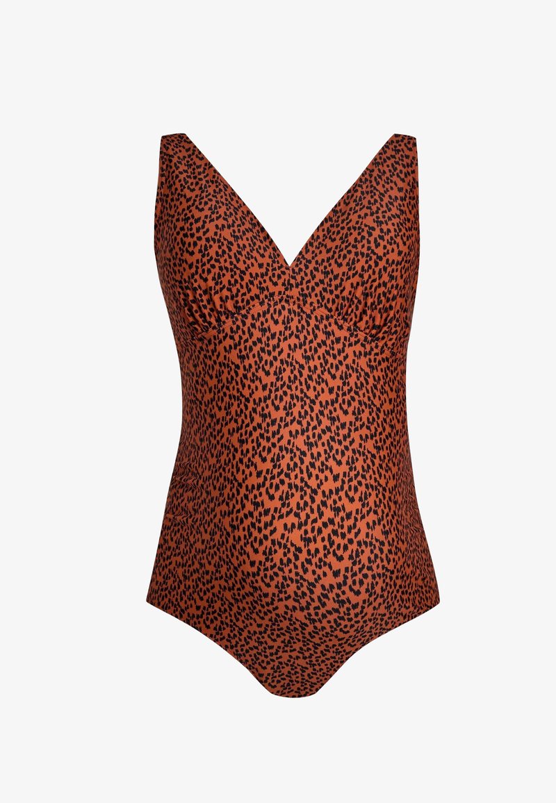 Maillot de bain de maternité une pièce avec une base orange rouille et un imprimé léopard noir, doté d'un col en V et d'un design de soutien-gorge renforcé.