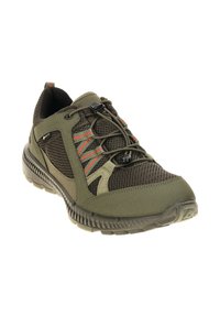 Olivengrøn og brun vandresko med mesh-paneler, hurtig-træk snørebånd og robust sål, designet til udendørs brug.