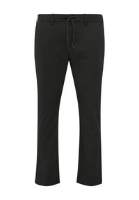 Schwarze Hose aus weichem Stoff, mit einem Kordelzugbund, geradem Beinschnitt und ohne sichtbare Muster oder Hardware-Details.