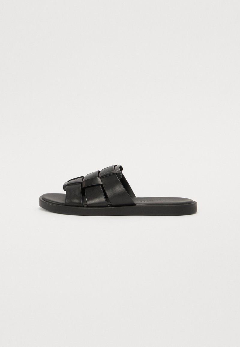 Black slide sandals made of leather, featuring a woven strap design, flat sole, and a minimalist appearance.