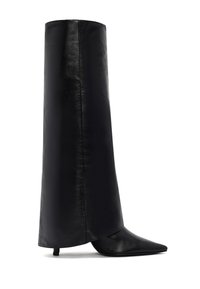 Zwarte leren enkelboot met een taps toelopende, puntige neus en een hoge, gestructureerde schacht. Gladde textuur met minimale hardwaredetails.