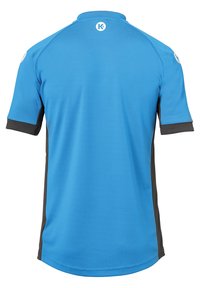 Kortærmet, atletisk skjorte i lyseblå med mørkegrå sidepaneler. Fremstillet af et glat, åndbart stof. Hvidt logo på kraven bagpå.