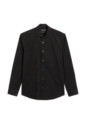Black long-sleeve shirt made of a textured fabric. Features a folded collar, front button closure, and a curved hemline.