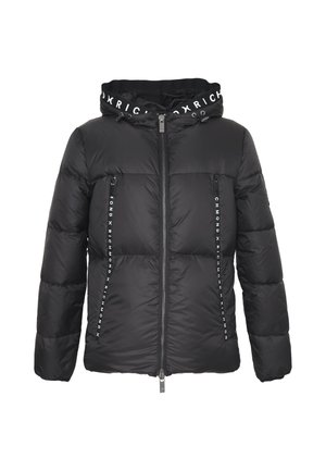 Giacca nera imbottita con zip frontale, cappuccio e dettagli con logo. Presenta due tasche con zip e una texture liscia.