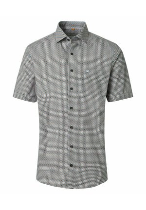 Kortærmet skjorte med knapper og lille geometrisk mønster i nuancer af brunt, blåt og hvidt på lys baggrund.