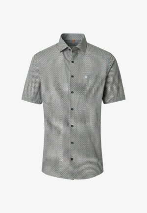 Kortærmet skjorte med knapper og lille geometrisk mønster i nuancer af brunt, blåt og hvidt på lys baggrund.