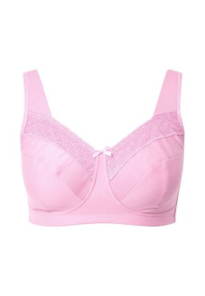 Roze bh gemaakt van zachte katoen met een kanten overlay op de bovenste cups. Heeft verstelbare bandjes en een klein strikje in het midden.