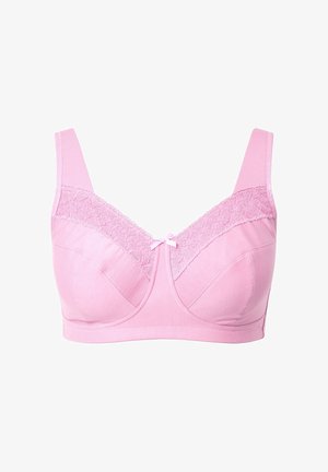 Roze bh gemaakt van zachte katoen met een kanten overlay op de bovenste cups. Heeft verstelbare bandjes en een klein strikje in het midden.