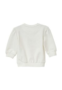 Witte katoenen trui met een ronde hals, pofmouwen en een geribde tailleband. Zachte textuur met een gladde afwerking. Achteraanzicht.