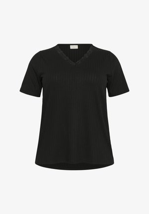 Black short-sleeve top with a V-neck and textured ribbed fabric. Features lace trim along the neckline and a relaxed fit.