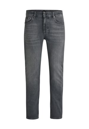 Dark gray jeans made of denim, featuring a classic five-pocket design, straight cut, and subtle fading on the thighs. Silver hardware accents.