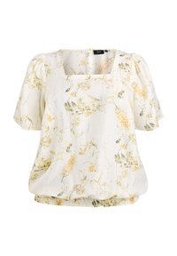 Blusa floreale in crema chiaro con stampe botaniche gialle e verdi. Presenta maniche a sbuffo, scollatura quadrata e orlo elastico arricciato.