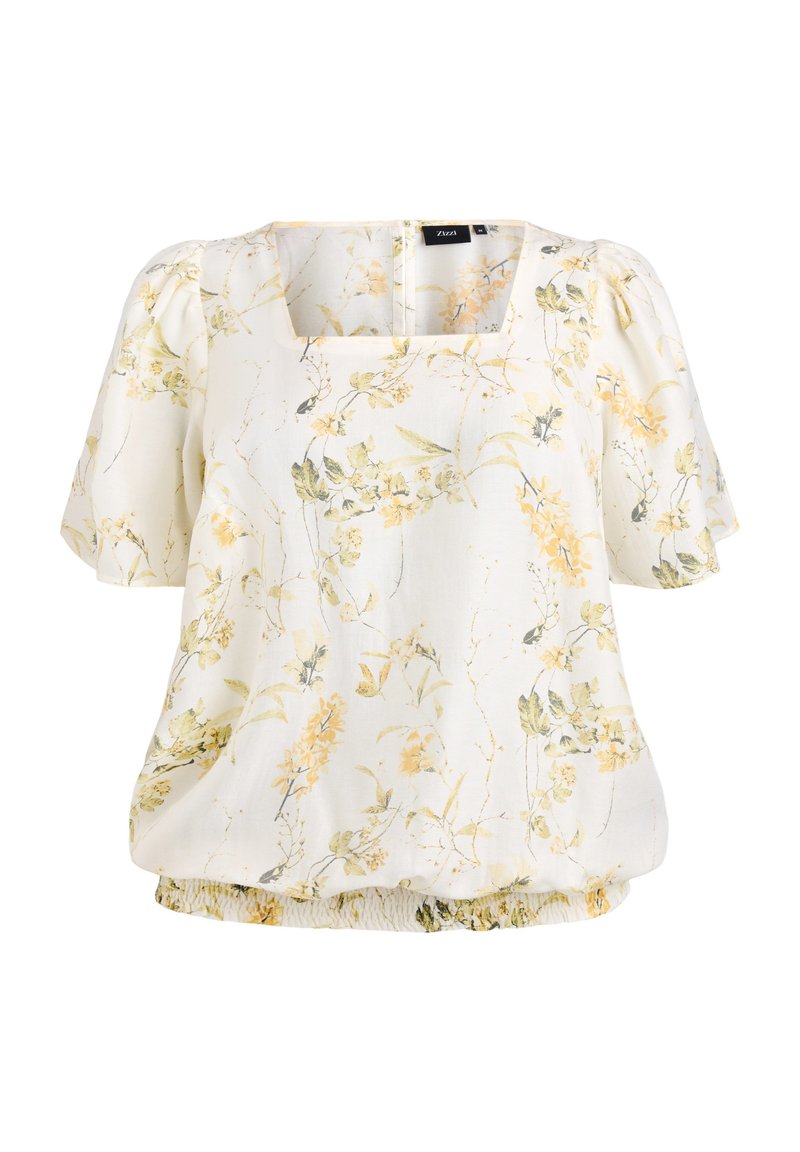 Blusa floreale in crema chiaro con stampe botaniche gialle e verdi. Presenta maniche a sbuffo, scollatura quadrata e orlo elastico arricciato.