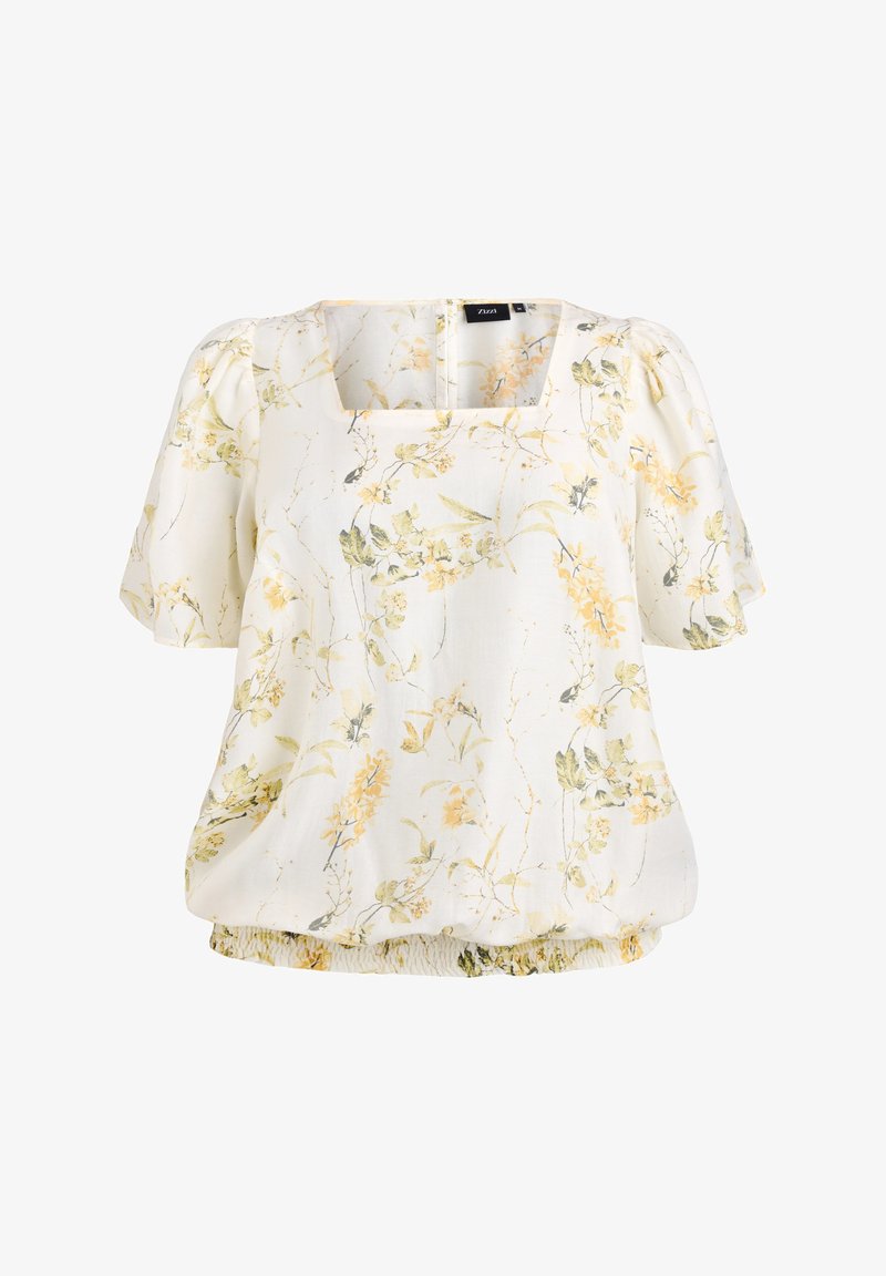 Blusa floreale in crema chiaro con stampe botaniche gialle e verdi. Presenta maniche a sbuffo, scollatura quadrata e orlo elastico arricciato.