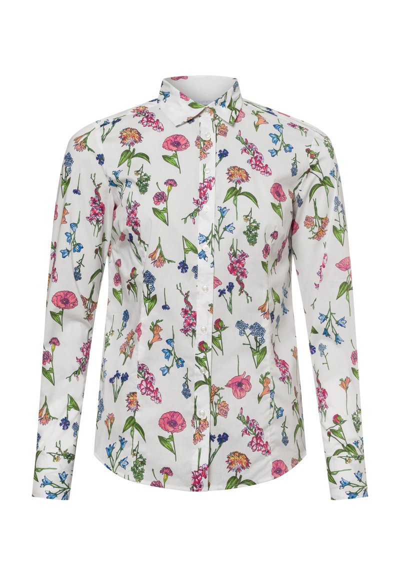 Biała koszula z guzikami z misternym wzorem kwiatowym w odcieniach różu, niebieskiego i zielonego. Wykonana z lekkiego materiału z długimi rękawami.