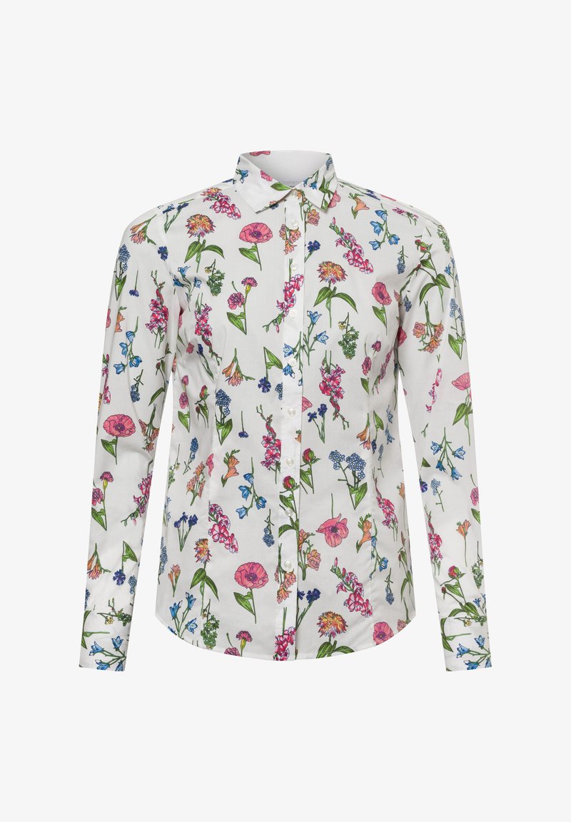 Biała koszula z guzikami z misternym wzorem kwiatowym w odcieniach różu, niebieskiego i zielonego. Wykonana z lekkiego materiału z długimi rękawami.