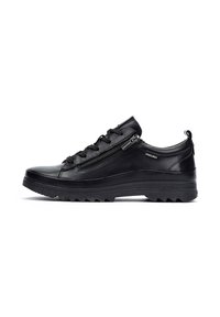 Baskets en cuir noir avec bout arrondi, devant à lacets et fermeture éclair sur le côté. Semelle texturée avec des rainures profondes pour une adhérence optimale.