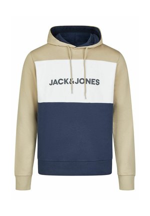 Hoodie in beige, wit en marineblauw. Voorzien van een kangoeroezak en het "JACK&JONES" logo op de borst. Gemaakt van zachte stof.