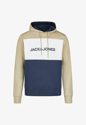 Hoodie in beige, wit en marineblauw. Voorzien van een kangoeroezak en het "JACK&JONES" logo op de borst. Gemaakt van zachte stof.