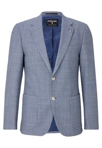 Niebieska marynarka w kratę z wyciętymi klapami, dwoma guzikami i dwoma przednimi kieszeniami. Podszewka w jednolitym granatowym kolorze. Tkanina ma fakturowane wykończenie.