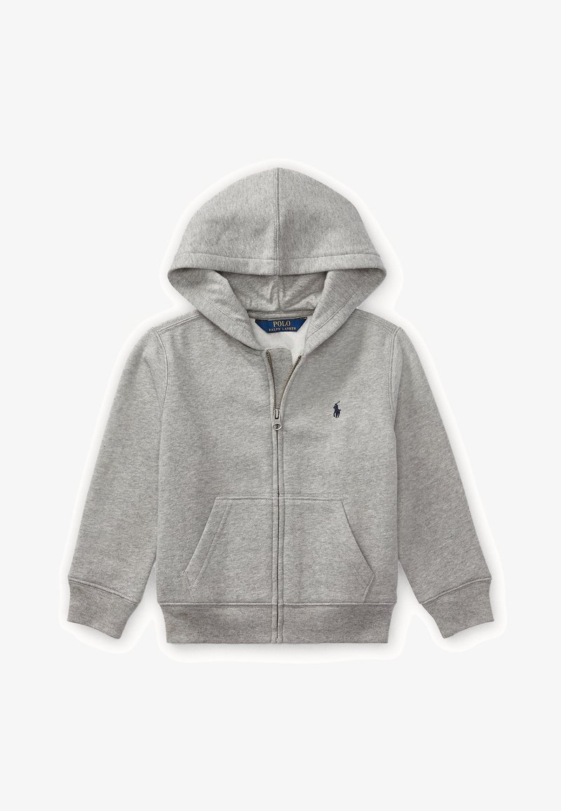 Graue Zip-Up-Hoodie aus weichem Baumwollstoff, mit einer vorderen Kängurutasche, gerippten Bündchen und einem kleinen gestickten Logo auf der Brust.